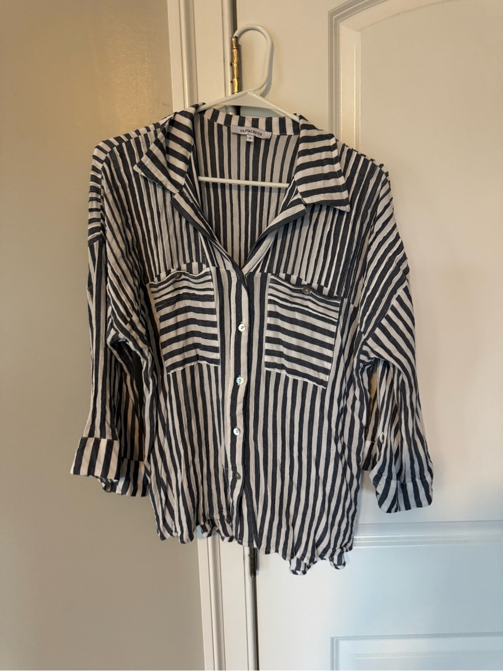 Olivaceous Striped Oversized Button Down Shirt Small Coastal